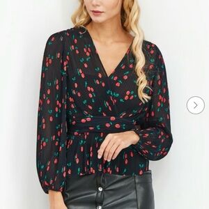 The Kooples Paris Cherry Naive Wrap Top women's‎ Size M/L Black Red EUC